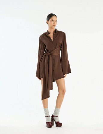ROTATE Birger Christensen Satin Tie Shirt Dress - Brown - 36
