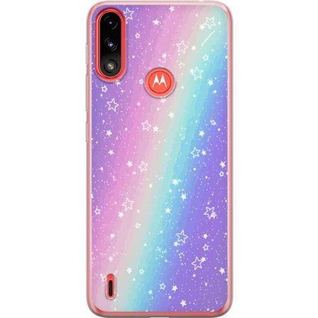 Kompatibel Mobilcover til Motorola Moto E7 Power Rainbow-farvet pastelbaggrund med hvide stjerner og glitrende prikker i blød overgang