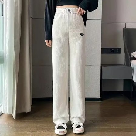 Damer i enfärgad elastisk midja Bokstavsbyxor Höst och vinter Hög midja ficka Rak Casual Byxor med vida ben