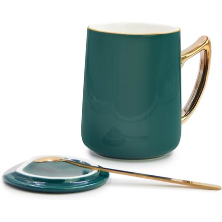 Keramisk Kaffe Kop, Øverste Kopmund Guldkant og Guldhåndtag Kopper, 450ml Keramisk Kop med Låg og Rustfrit Stål Ske