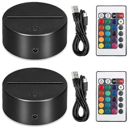 2-pakke 3D natt LED-lys lampebase + fjernkontroll + USB-kabel, 16 farger lysshow displaystativ for akryl svart