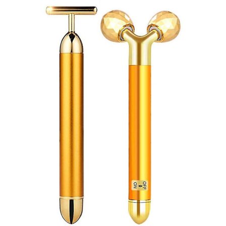 24k Beauty Bar Golden Face Massager, 3d Roller Electric Sonic Energy Beauty Bar And T Shape Face Massager Kit. Anti-aging/wrinkles, Instant Face Lift