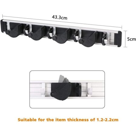 Moppeholder, haveredskaber, børste, moppe, rengøringsorganisator, vægmonteret arrangør med 4 positioner 5 kroge til kost, garage, have, sort