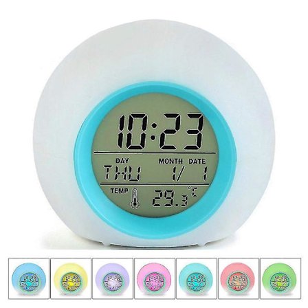 Herätyskello LED-herätysvalolla, digitaalinen elektroninen herätyskello sisätilojen lämpötilan kalenterinäytöllä ja luonnonäänillä - 7 väriä vaihtava 