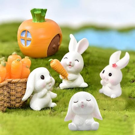 Pääsiäispöydän koristeet, 7 kpl pääsiäispupua porkkanalla hartsi miniatyyri eläinhahmo koriste, mikro maisema ruukku kasvi koristeet lapsi pääsiäinen 