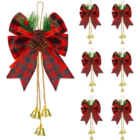 6 stk. julesløjfer - Rød & Sort ternet båndsløjfer - Med kogler, fyrrenåle & klokker