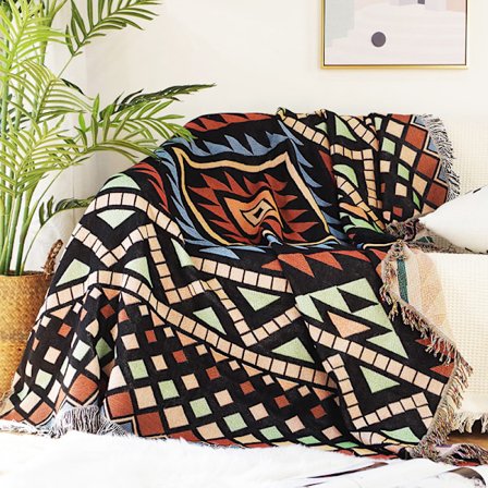 Boho-soffa kastar filtar etniska vävda boho geometriska svart och karamell flerfärgad kastfilt för soffa aztek säng kast stol sofföverdrag med tofs