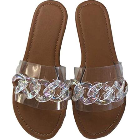 Damesandaler Strand Åben Tå Flade Tøfler Transparent Mode Farverige Kæde Klare Slide Flip Flops Slip on Udendørs Strand -----Brun(Størrelse 43)