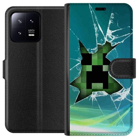 Kompatibelt Plånboksfodral till Xiaomi Xiaomi 13 Minecraft Creeper genom krossat glas med dramatisk explosionseffekt där ikoniska Creeper bryter ige