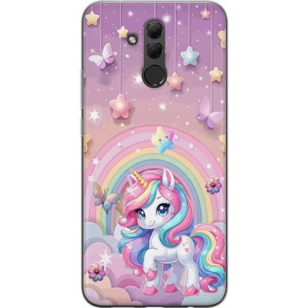 Kompatibel Mobilcover til Huawei Mate 20 lite Magisk enhjørning med regnbue manke, stjerner og sommerfugle mod en pastelfarvet himmel med skyer