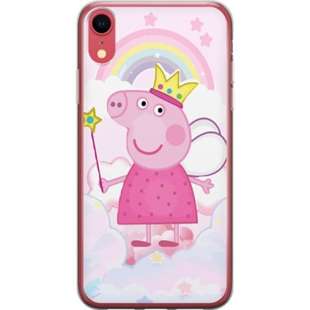 Yhteensopiva Puhelinkuori Apple iPhone XR Peppa Pig prinsessamotiivi kruunulla, siivillä ja sateenkaarella, satumainen lasten kuvitus pilvitaustalla