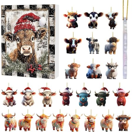 Julekalender 2024, Highland Cow Julekalender 2024, 24 Dagers Juleteller med Akryl Highland Cow Pynt