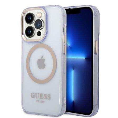 Guess iPhone 14 Pro -puhelinkotelo MagSafe Kulta Outline läpikuultava -