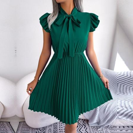 Vår sommar Elegant snörning hög midja Stor plisserad klänning dam rosettklänning Green L