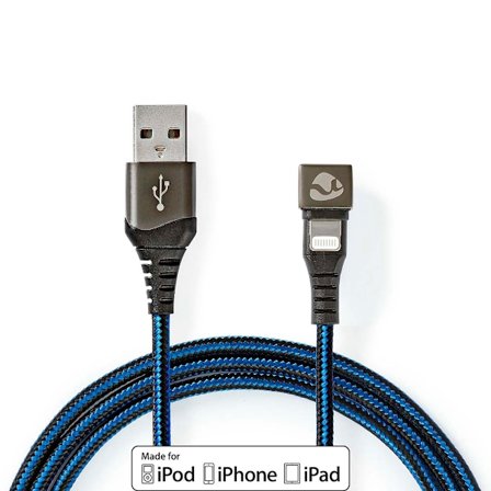 USB-kabel | USB 2.0 | Apple Lightning, 8-stifts | USB-A Hane | 12 W | 480 Mbps | Nickelplaterad | 1.00 m | Rund | Flätad / Nylon | Blå / Svart | Karto