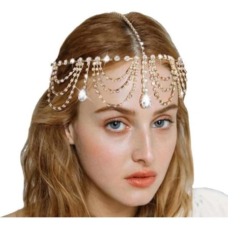 Hair Chain for Women, Rhinestone Head Chain, Luxurious Full Diamond Tassel Hair Ornament, Teardrop Forehead Pendant Jewelry Wedding-Gold