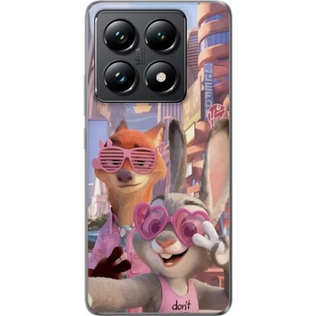 Kompatibelt Mobildeksel til Xiaomi Xiaomi 14T Pro Animerede dyr i et solfylt bymiljø med rosa solbriller og en positiv melding i en fargerik feel-goo