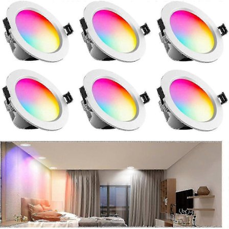 6 kpl RGB+CCT Älykkäät upotetut kattovalot - 10W Bluetooth himmennettävät alasvalot IP44-luokituksella (70mm asennusaukko)_MM2