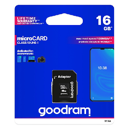 Goodram Microcard 16 GB micro SD HC UHS-I klasse 10 minnekort, SD-adapter (M1AA-0160R12)