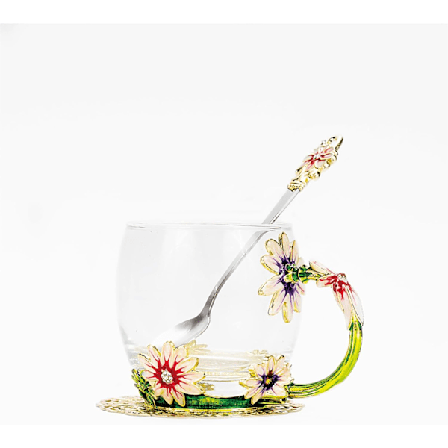 Blomster tekopp, fjärilsblomma klart glas fancy kaffemugg med sked, presentask till henne mamma fru mormor (320 ml)