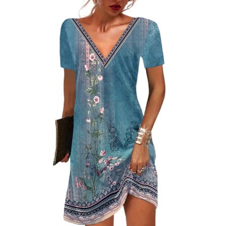 Kvinners sommerkjoler Floral V-hals Kort erme Tribal trykt Casual kjole Etnisk trykt kjoler(Blå M)