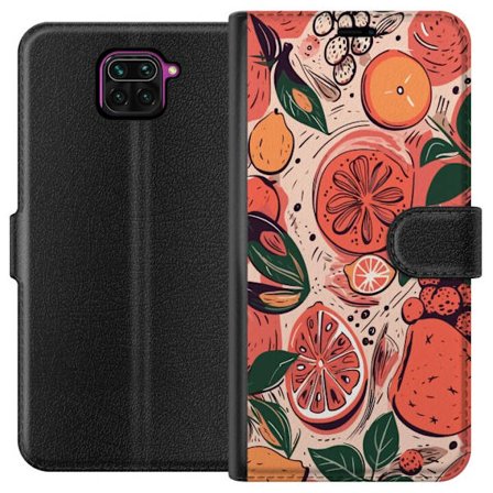 Yhteensopiva Lompakkokotelo Xiaomi Redmi Note 9 Käsin piirretty kollaasi sitrushedelmistä, lehdistä ja marjoista lämpimässä vaaleanpunaisessa ja