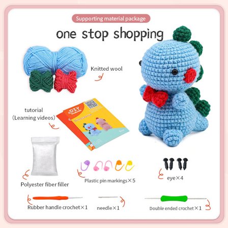 (Blå Sløjfe Dinosaur) Begynder Hæklekit. Hæklekit til børn og voksne Hæklekit til børn og voksne Strikkede udstoppede dyr (ufærdige, skal laves i 