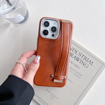 Kotelo iPhone 16:lle, vaaleanruskea vahattu nahkaranneke, putoamissuoja, täyssuojaus ja metallirengas