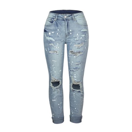 Kvinnor Hög Midja Skinny Stretch Ripped Jeans Destroyed Denim Byxor XL