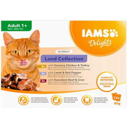 Iams - Delights Multipack Land Gravy 85 g x 12 st - Katt - Kattefôr & kattemat - Våtfôr og våtmat - ZOO.no