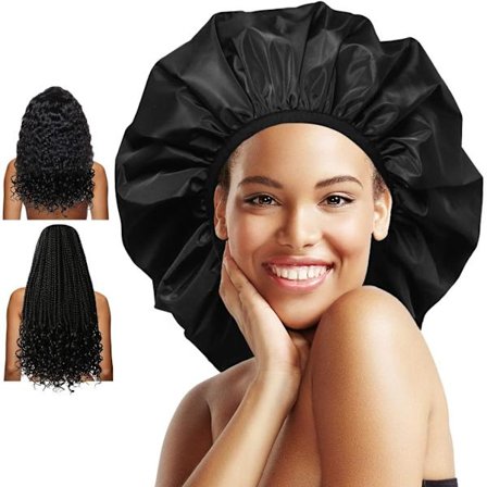 Ekstra stor badehætte, dobbelt lag vandtæt genanvendelig, XL satinforet badehætte til kvinder med tykt hår, langt hår, fletninger, braids (sort)