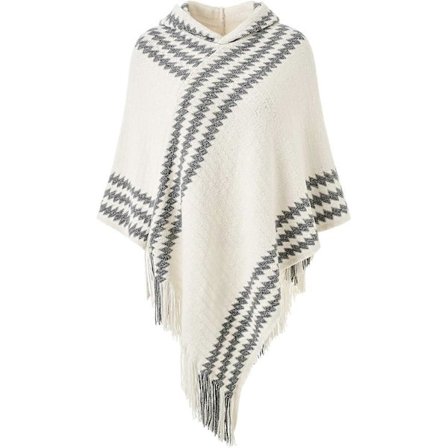 Hooded Zigzag-randig stickad cape-poncho för dam med fransar