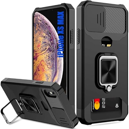 [LCS] Cover til iPhone 17 Pro Max med [Kortholder][Skydbart kamerabeskyttelse][360° Roterende Ringstativ] Kraftigt Beskyttende Mobilcover