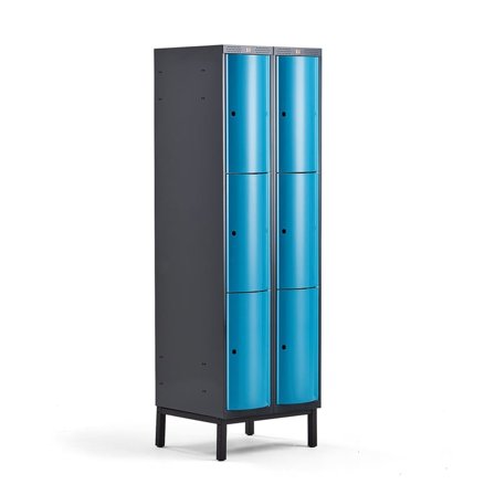 Clothes locker CURVE, leg frame, 2 x 3 doors, 1940x600x550 mm, blue