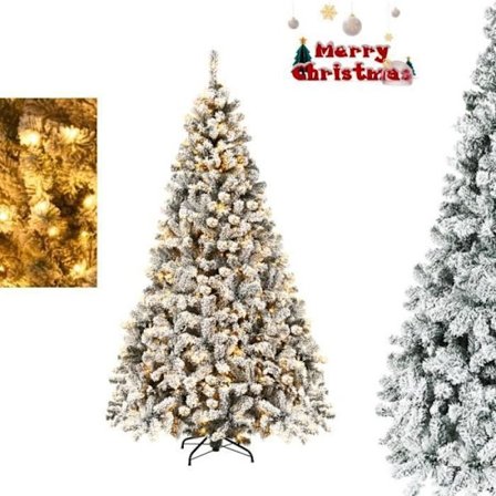 LED Lyskæde Juletræ 225CM COSTWAY-450 Varme Hvide Lygter-1010 PVC Grene Dækket med Sne-Metal Base-Juledekoration