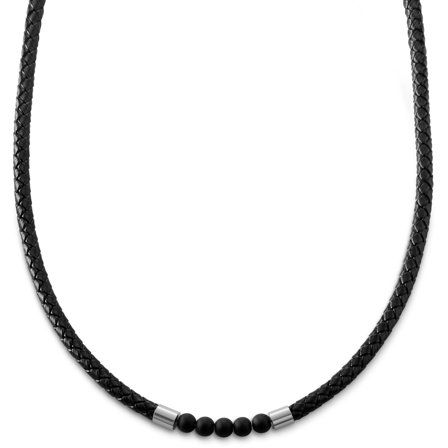 Tenvis | 5 mm Silver-tone Onyx Leather Necklace for Men - Leather necklaces