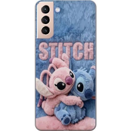 Kompatibelt Mobilskal till Samsung Samsung Galaxy S21 Söta fluffiga Stitch och Angel kramas på ett mjukt pälsigt underlag med pastellfärger som sk
