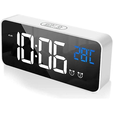 Digital vekkerklokke, LED digital vekkerklokke speil bordklokke USB oppladbar reisevekkerklokke med 2 alarmer/slumre/temperaturvisning/stemmekont