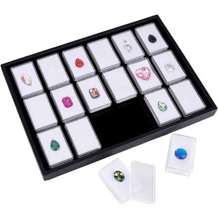 18 ædelstensholdere med etui, 5,5x3,5 cm, ædelstensdisplayboks, firkantet ædelstensopbevaringsboks, diamantdisplayetui, rhinestone-krystal