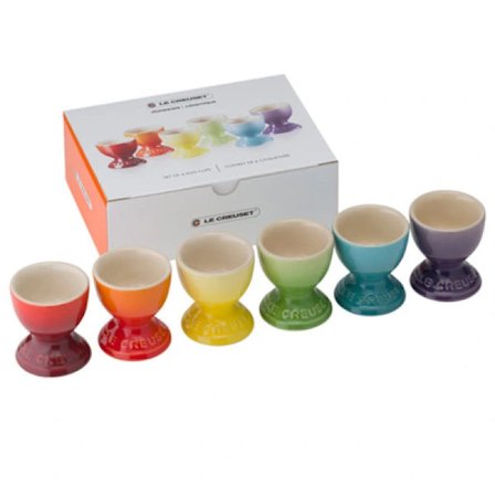 Ensfarget fargerikt sett med 6 eggeglass med base, fargerik eggholder, frokosttilbehør, steingods, eggstativ-FA-