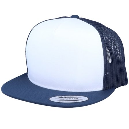 Yupoong - Blå trucker Keps - Classic White/Navy A-Frame Trucker Snapback @ Hatstore