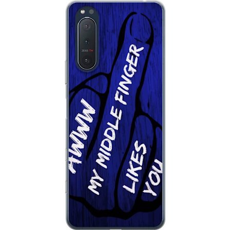 Kompatibelt Mobildeksel til Sony Xperia 5 II Mørk typografisk illustrasjon med hjerteform og budskap om vennskap mot dyp blå tretekstur