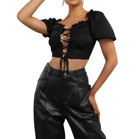 Print Spets Upp Crop Top Fyrkantig Hals Sexiga Kvinnor Toppar Blus