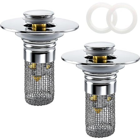 Afløbssi til badeværelsesvask, pop-up afløbssi til vask med aftagelig kurv i rustfrit stål, hårfanger, prop til badeværelsesvask, 2 stk.