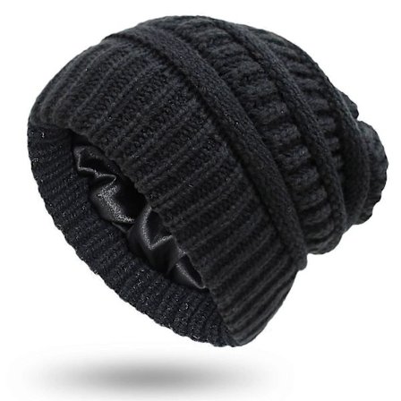 Strikket hue til kvinder med satinfor, løs vinterhue til piger (mørkegrå)