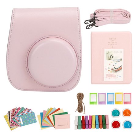 Mini Instant Kamera Beskyttelsesveske PU-veske Kompatibel med Fujifilm Instax Mini 12 med Album Filter Fargerike Hengende Rammer Klistremerker Rosa