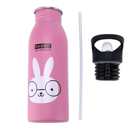 Sportvandflaske i rustfrit stål 500 ml sød vakuumisoleret vandflaske med sugerør til udendørs sport Rosa kanin