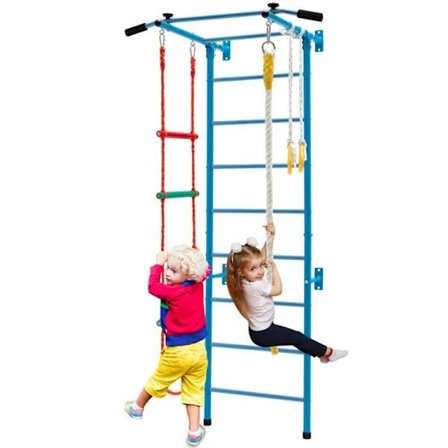 COSTWAY Kids Wall Climbing Gymnastik Wall Bar med Pull Up Bar, Gym Ringar. - Stickad stege - Blå trapets