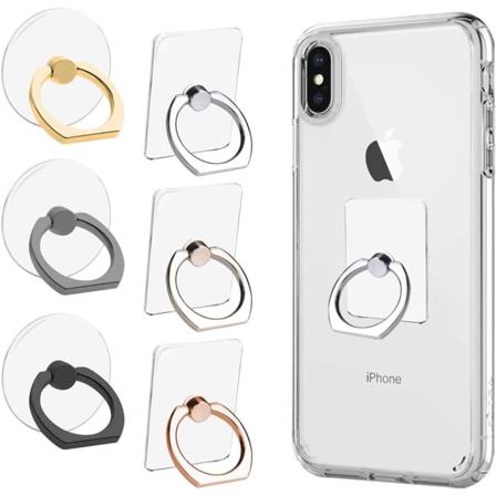 6 stk (3 firkantede og 3 runde, tilfeldige farger) gjennomsiktig telefonringholder, 360 graders rotasjonsbrakett kompatibel med ulike smarttelefoner