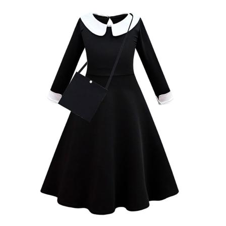 Wednesday Addams Cosplay-dansekjole for jenter Halloween-kostyme (120 cm med veske)